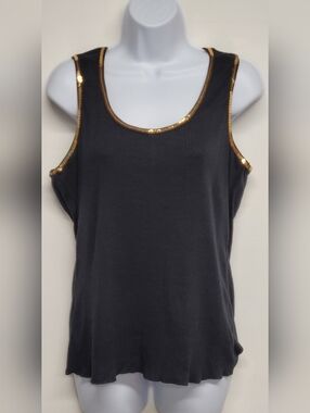Extra Touch 1X Top Vintage Black Gold Sequins Scoop Neck Sleeveless Ribbed New